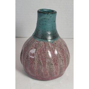 Vintage Art Pottery Glazed Squat Vase 4-1/2” Signed Green and Pink Tones